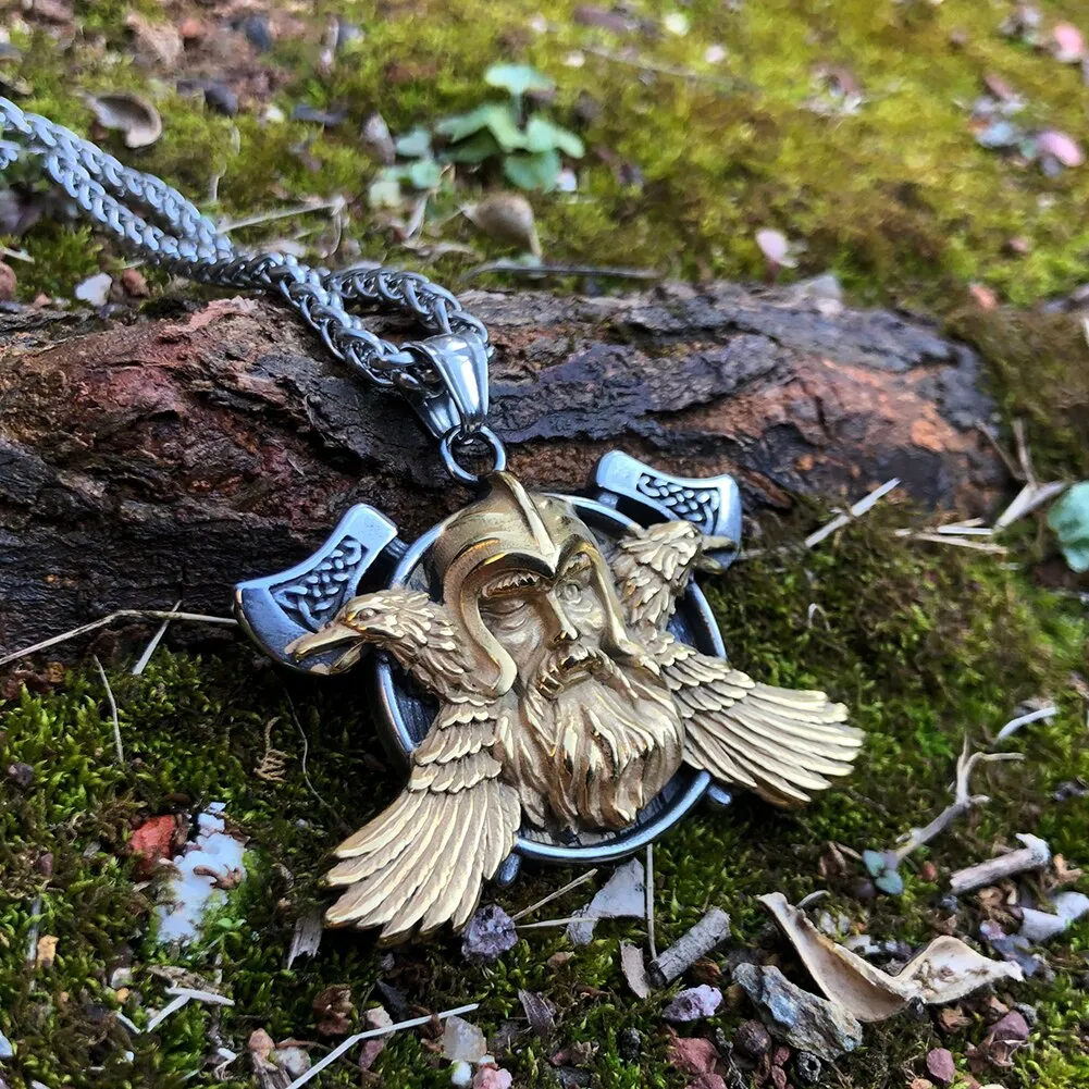 Huge Norse Viking Odin Raven Axe Celtic Pendant Necklace