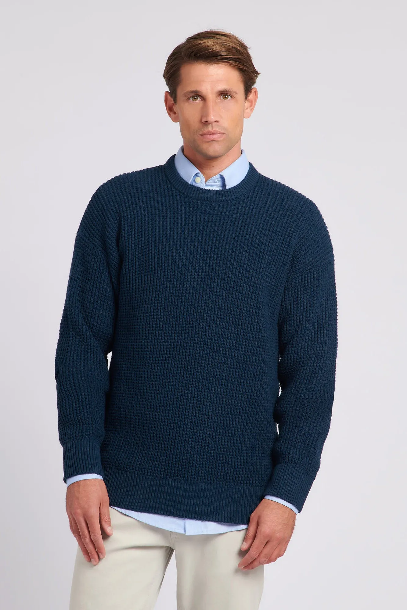 Mens Waffle Knit Crew Neck Jumper in Total Eclipse