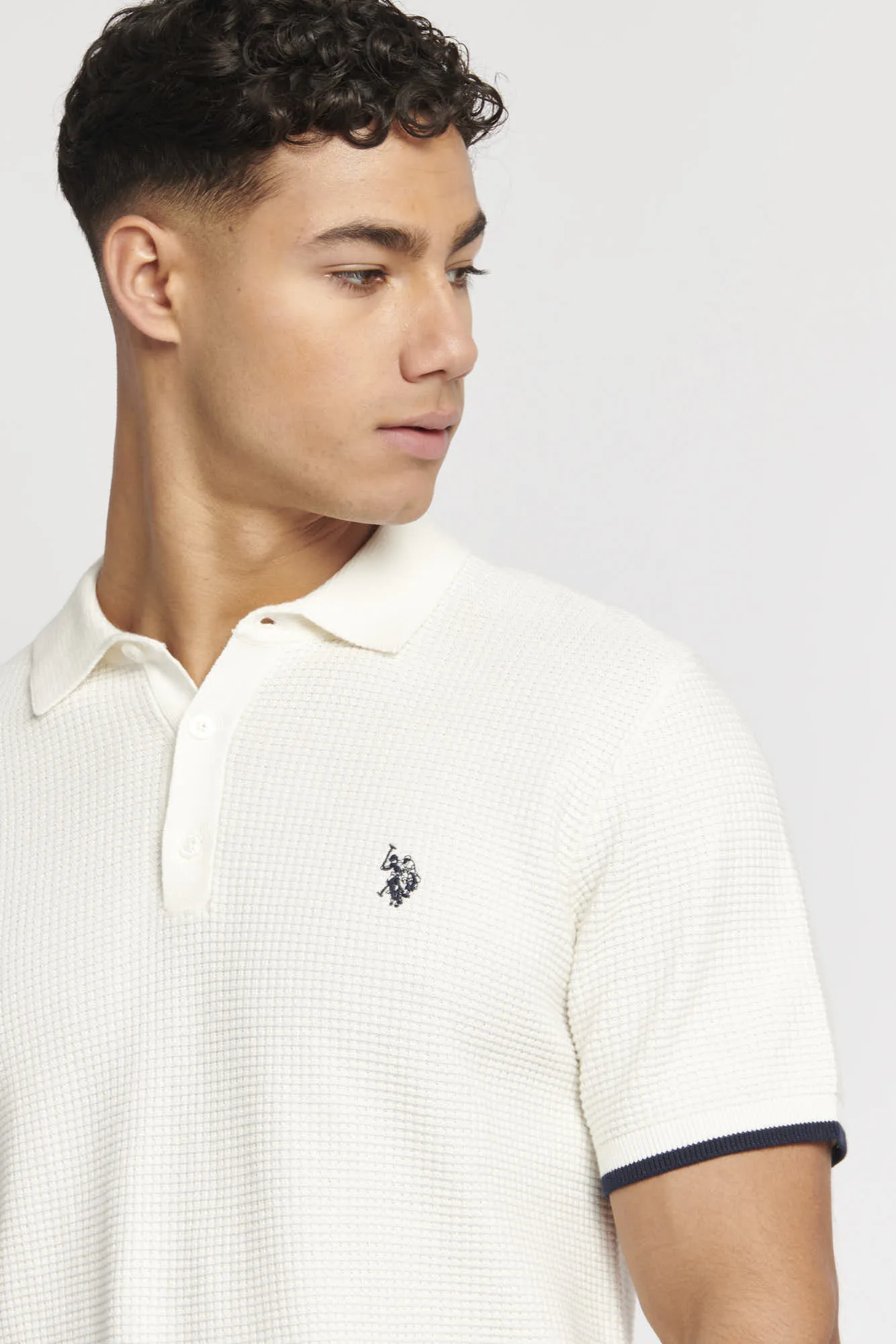 Mens Waffle Knit Polo Shirt in Marshmallow