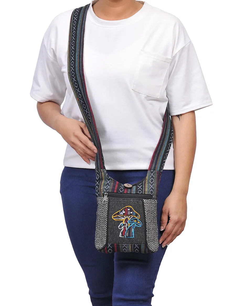 Mushroom Embroidered Hippie Boho Crossbody Mini Hobo Bag