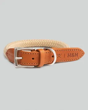 Natural Round Rope Dog Collar with Cognac Leather