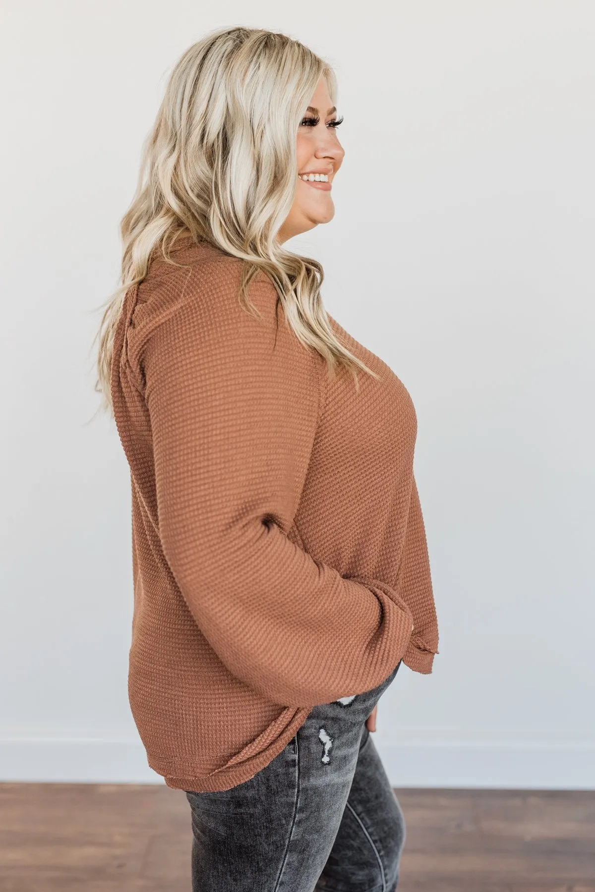 Out Of The Woods Waffle Knit Long Sleeve Top- Brown