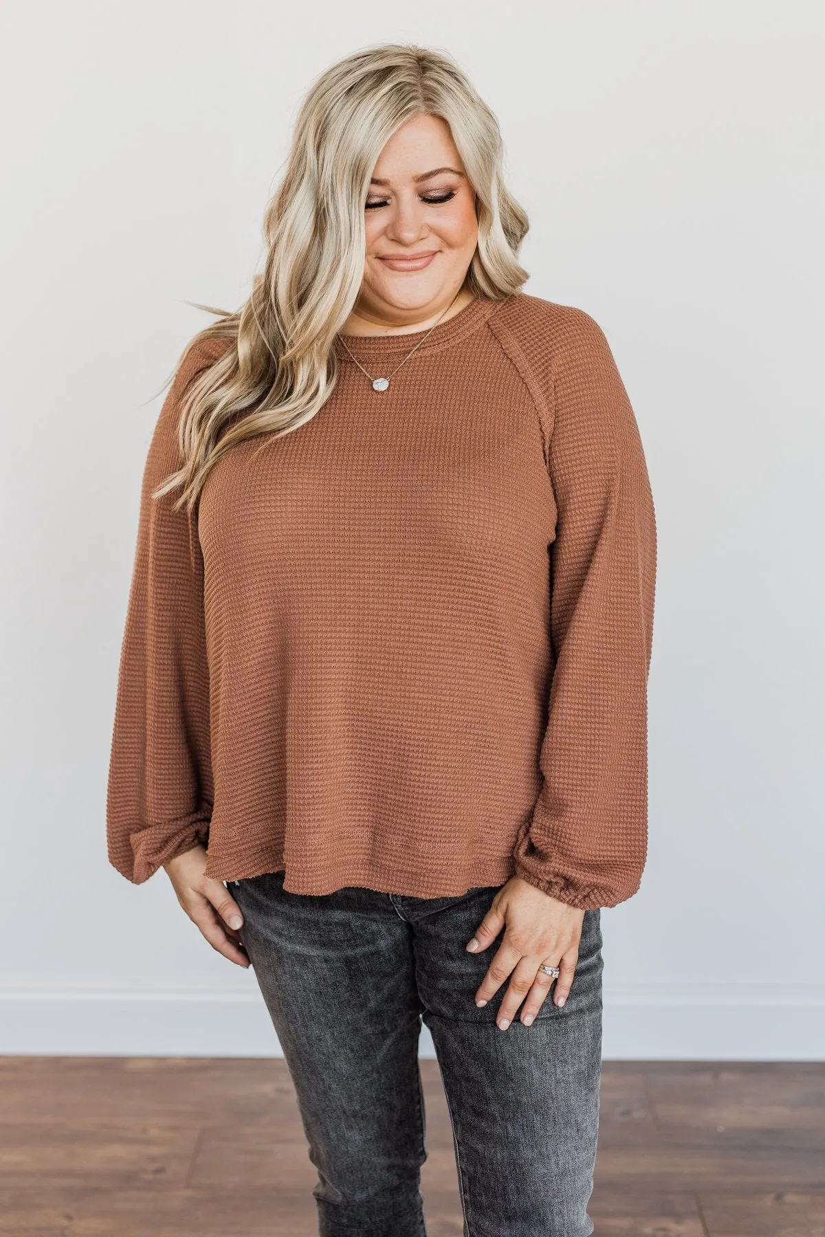 Out Of The Woods Waffle Knit Long Sleeve Top- Brown