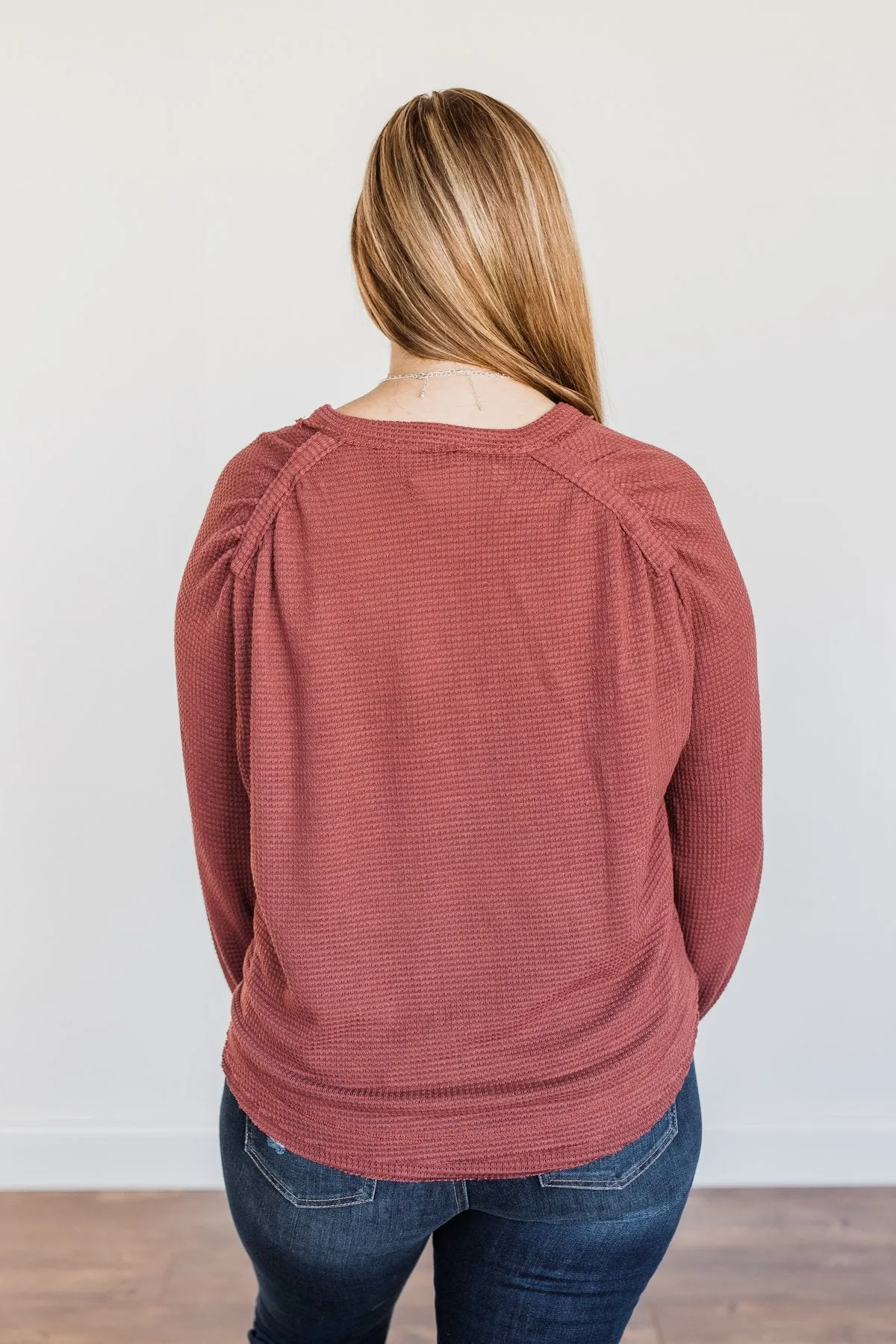 Out Of The Woods Waffle Knit Long Sleeve Top- Burgundy