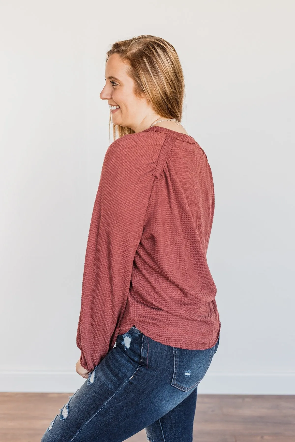 Out Of The Woods Waffle Knit Long Sleeve Top- Burgundy