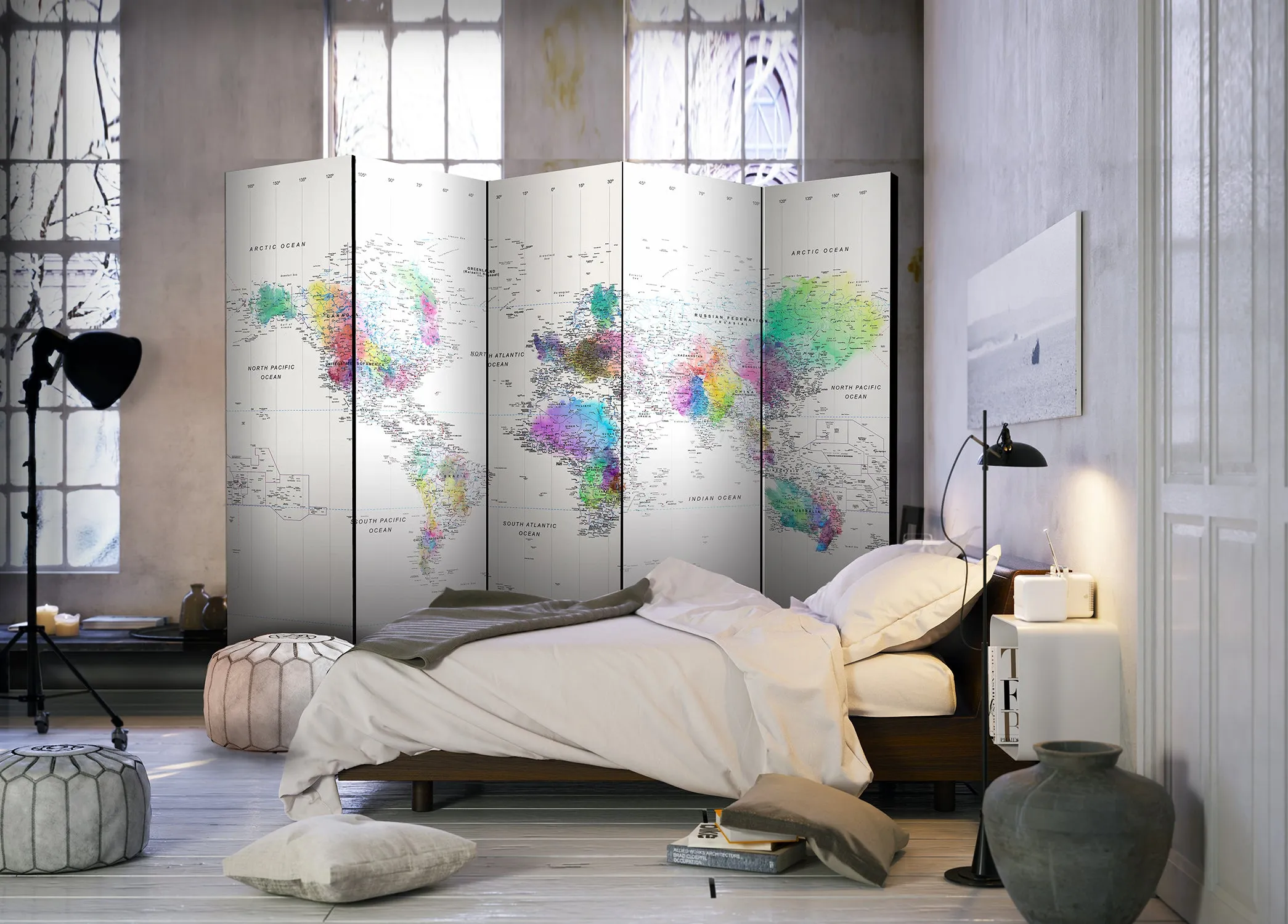 Paravento Room divider – Whitecolorful world map