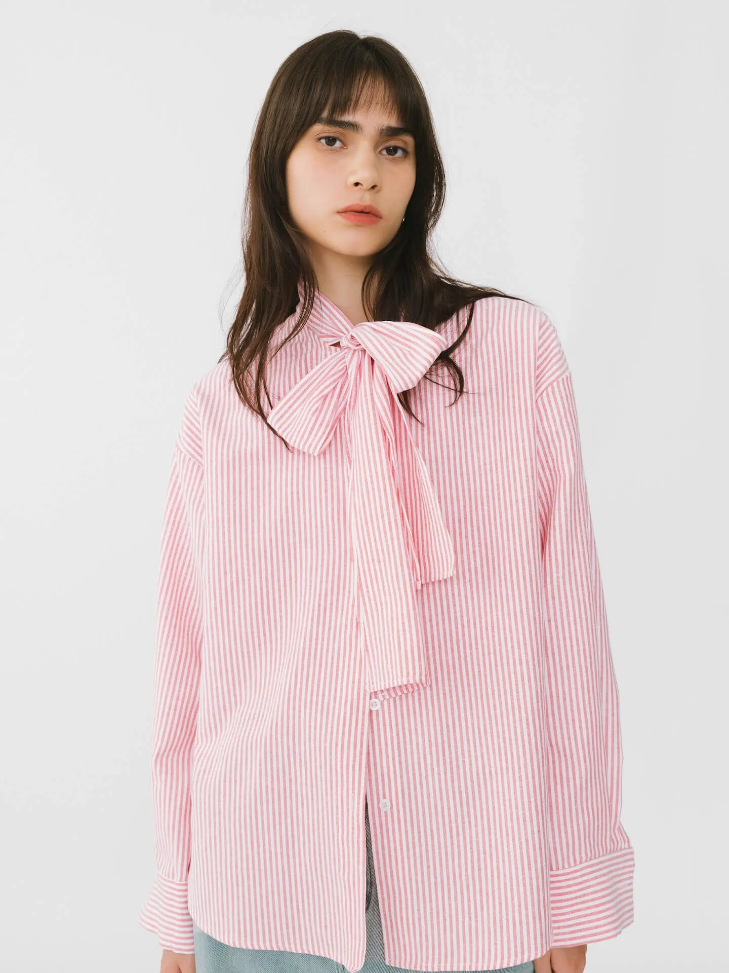 Pinstripe Long Sleeves Shirt with Tie Down Collar