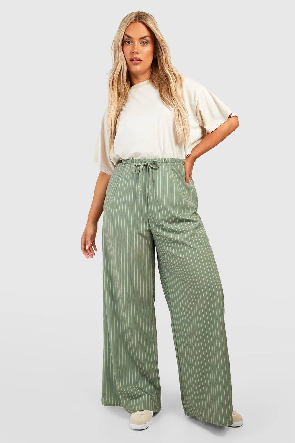 Plus Woven Stripe Lightweight Palazzo Pants