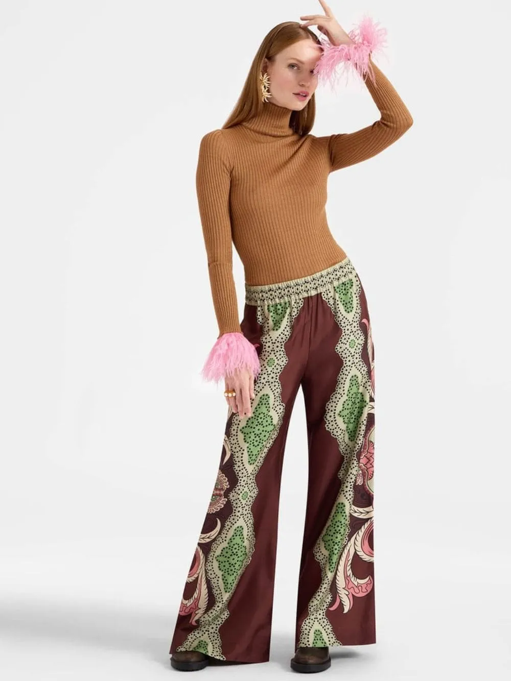 Portal Placée Brown Silk Twill Palazzo Pants