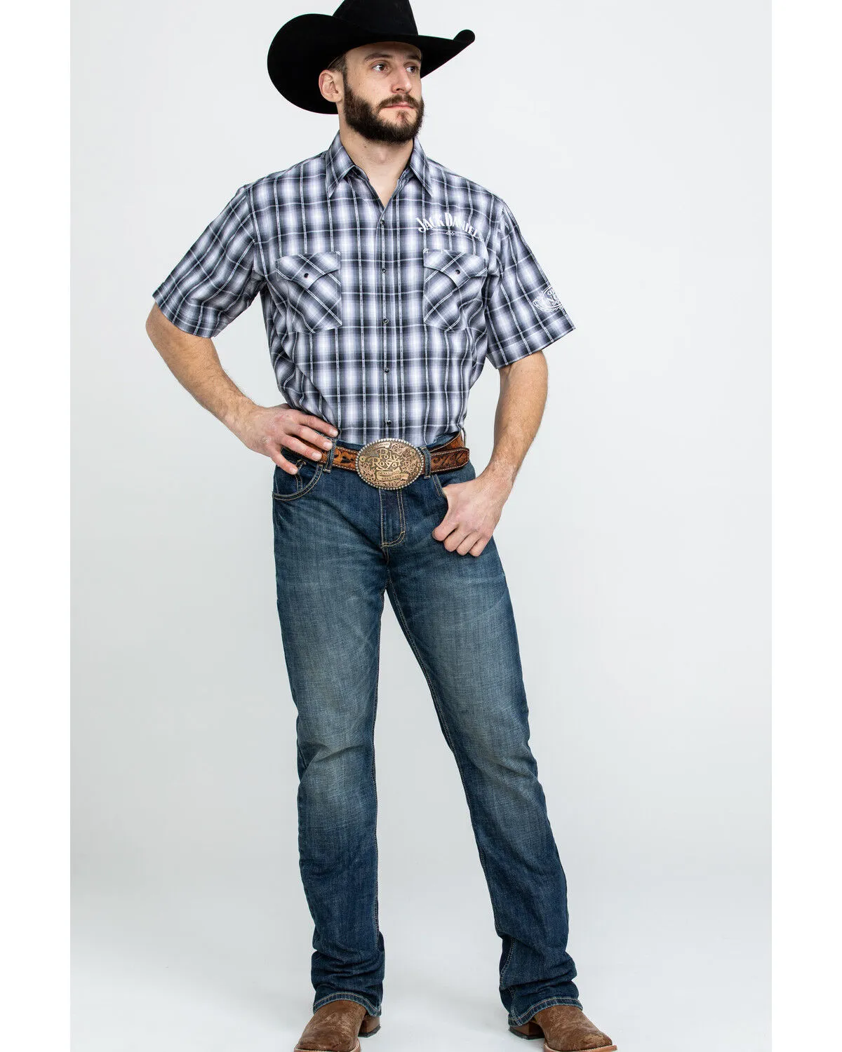 Product Name:  Jack Daniel's Men's Textured Plaid Print Short Sleeve Western Shirt