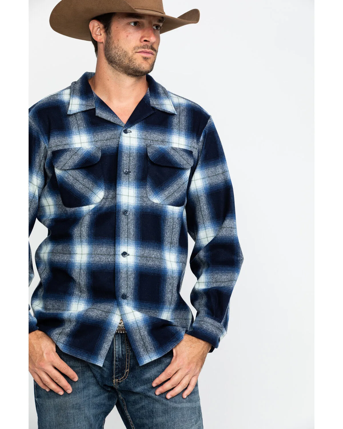 Product Name:  Pendleton Men's Navy Board Oxford Plaid Long Sleeve Western Shirt