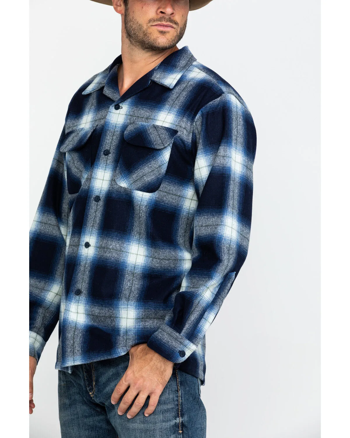 Product Name:  Pendleton Men's Navy Board Oxford Plaid Long Sleeve Western Shirt