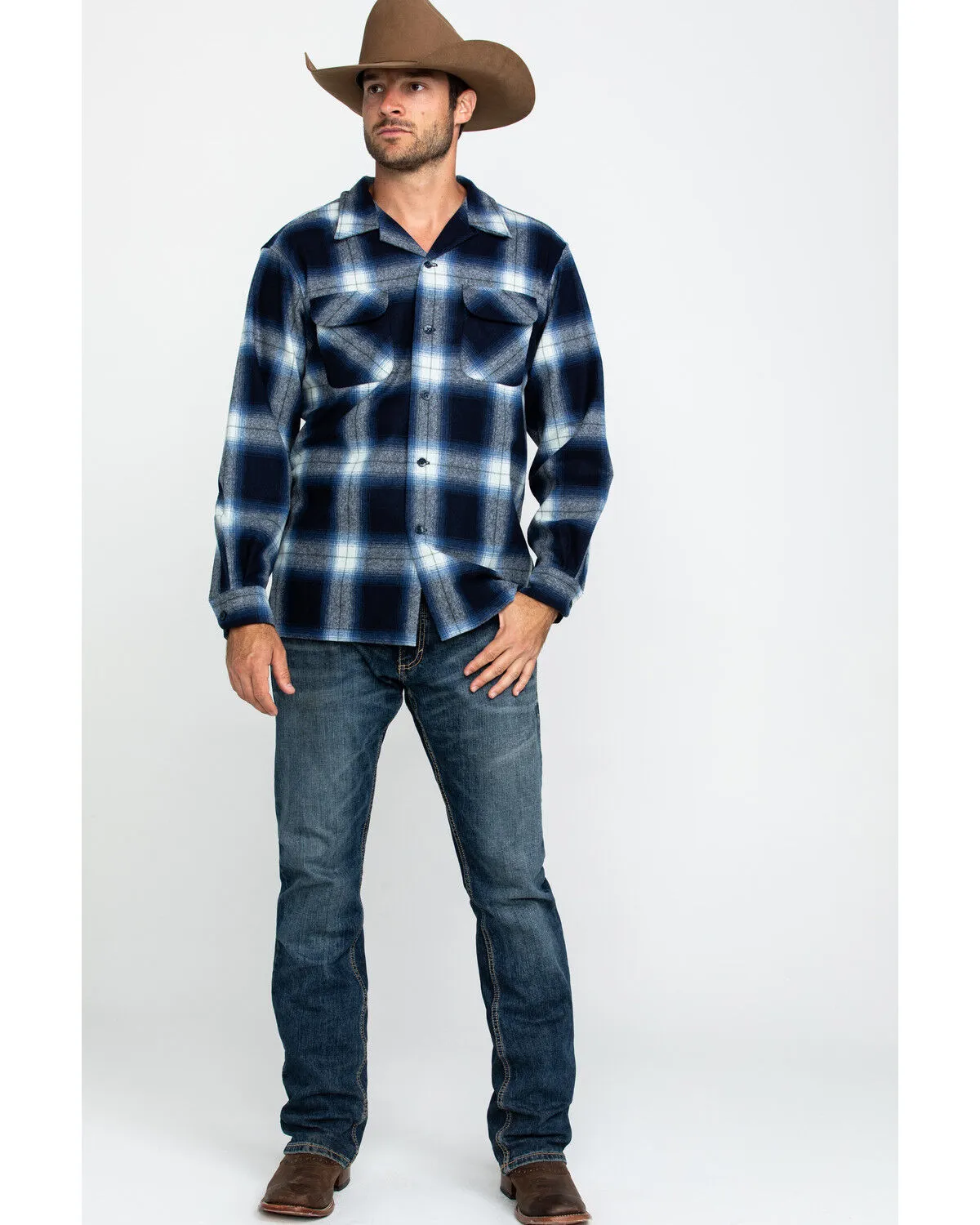 Product Name:  Pendleton Men's Navy Board Oxford Plaid Long Sleeve Western Shirt