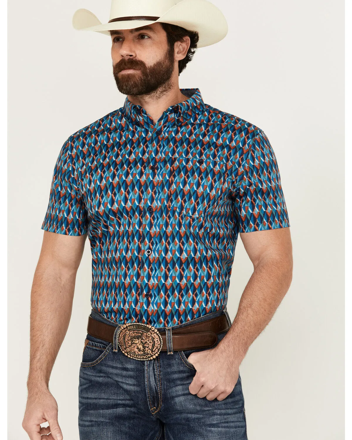 Product Name:  RANK 45® Men's Weststamp Southwestern Geo Print Short Sleeve Button-Down Stretch Western Shirt