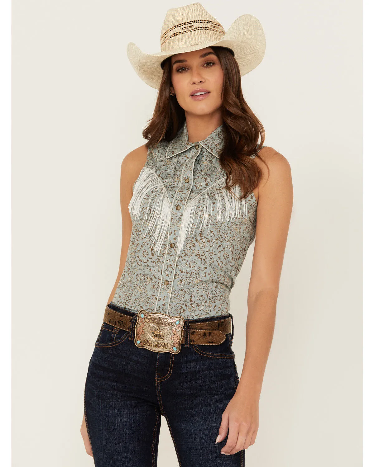 Product Name:  Rock & Roll Denim Women's Printed Sleeveless Snap Fringe Western Shirt