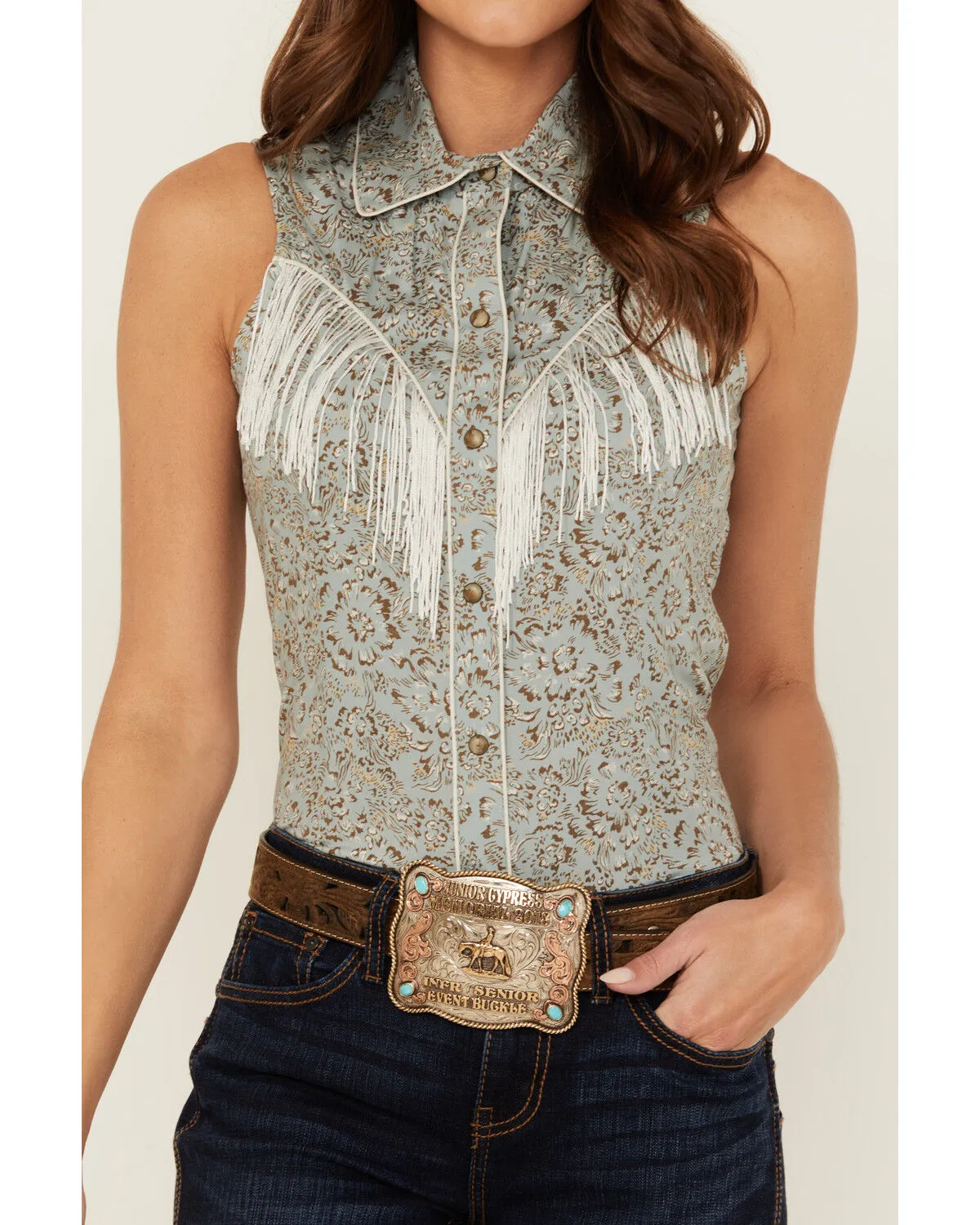 Product Name:  Rock & Roll Denim Women's Printed Sleeveless Snap Fringe Western Shirt