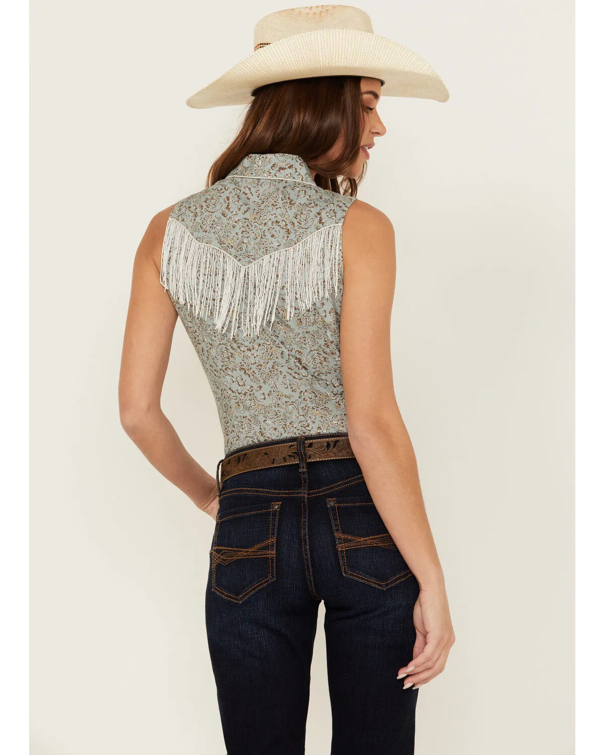 Product Name:  Rock & Roll Denim Women's Printed Sleeveless Snap Fringe Western Shirt