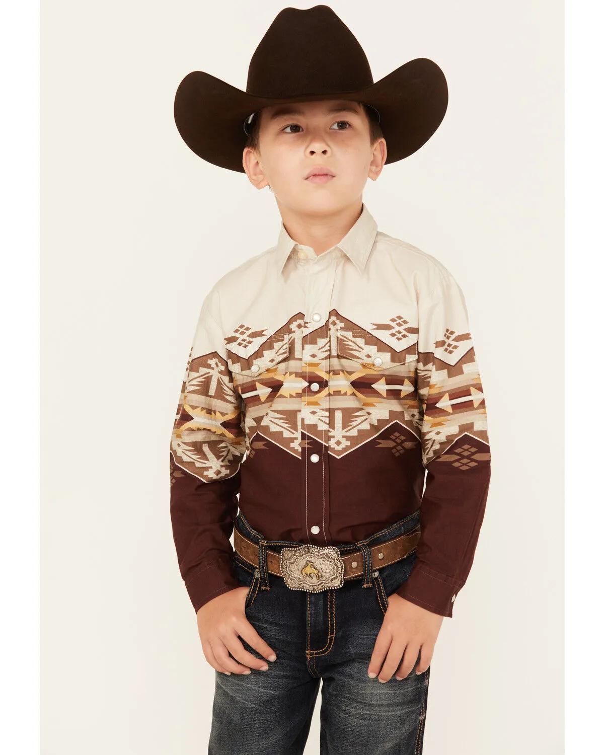 Product Name:  Roper Boys' Southwestern Border Print Long Sleeve Pearl Snap Western Shirt