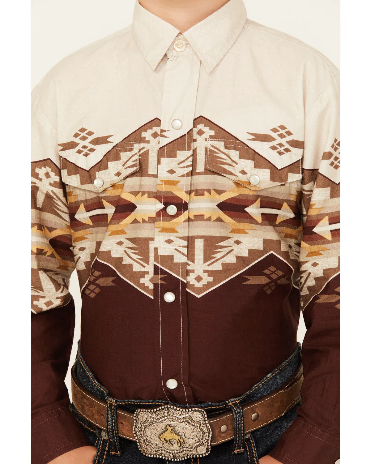 Product Name:  Roper Boys' Southwestern Border Print Long Sleeve Pearl Snap Western Shirt