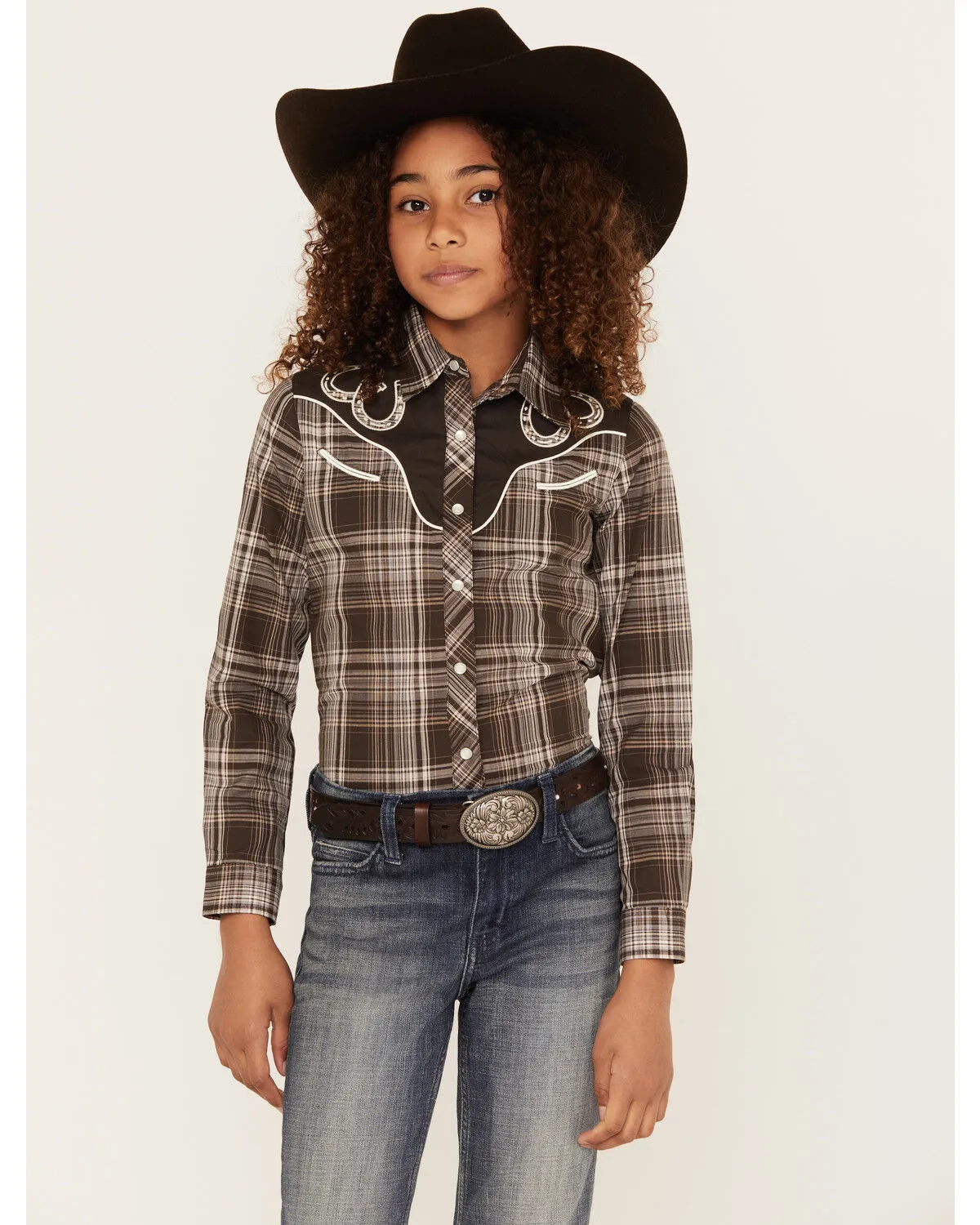 Product Name:  Roper Girls' Horseshoe Plaid Print Long Sleeve Pearl Snap Western Shirt