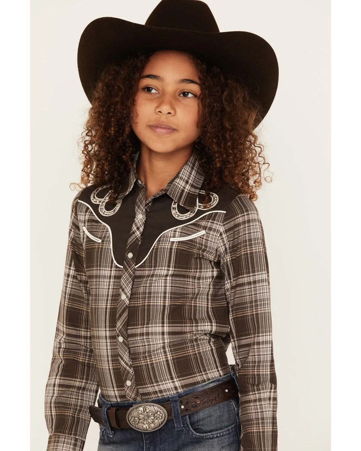 Product Name:  Roper Girls' Horseshoe Plaid Print Long Sleeve Pearl Snap Western Shirt