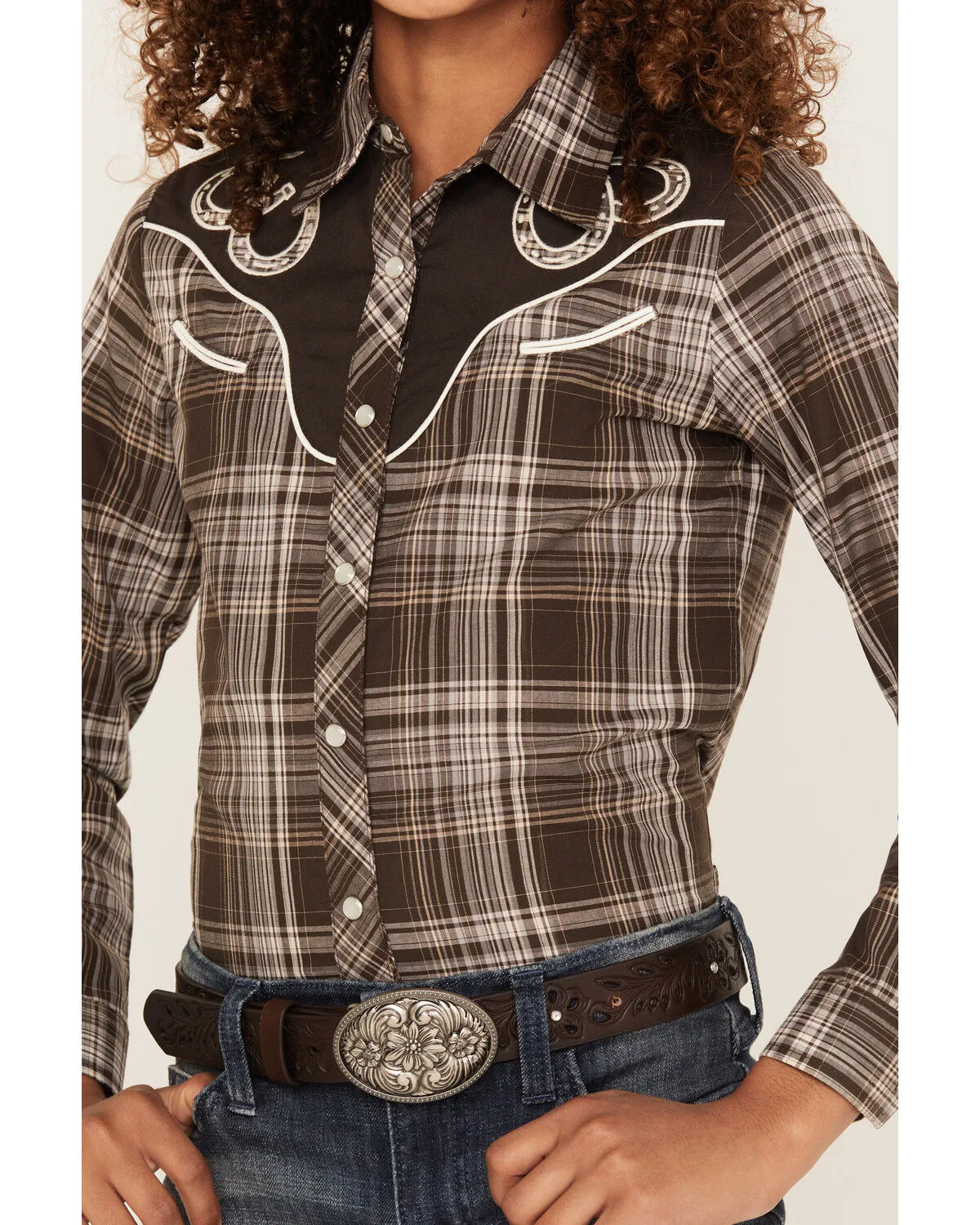 Product Name:  Roper Girls' Horseshoe Plaid Print Long Sleeve Pearl Snap Western Shirt