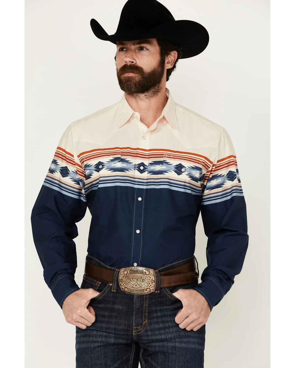 Product Name:  Roper Men's Vintage Southwestern Border Print Long Sleeve Pearl Snap Western Shirt