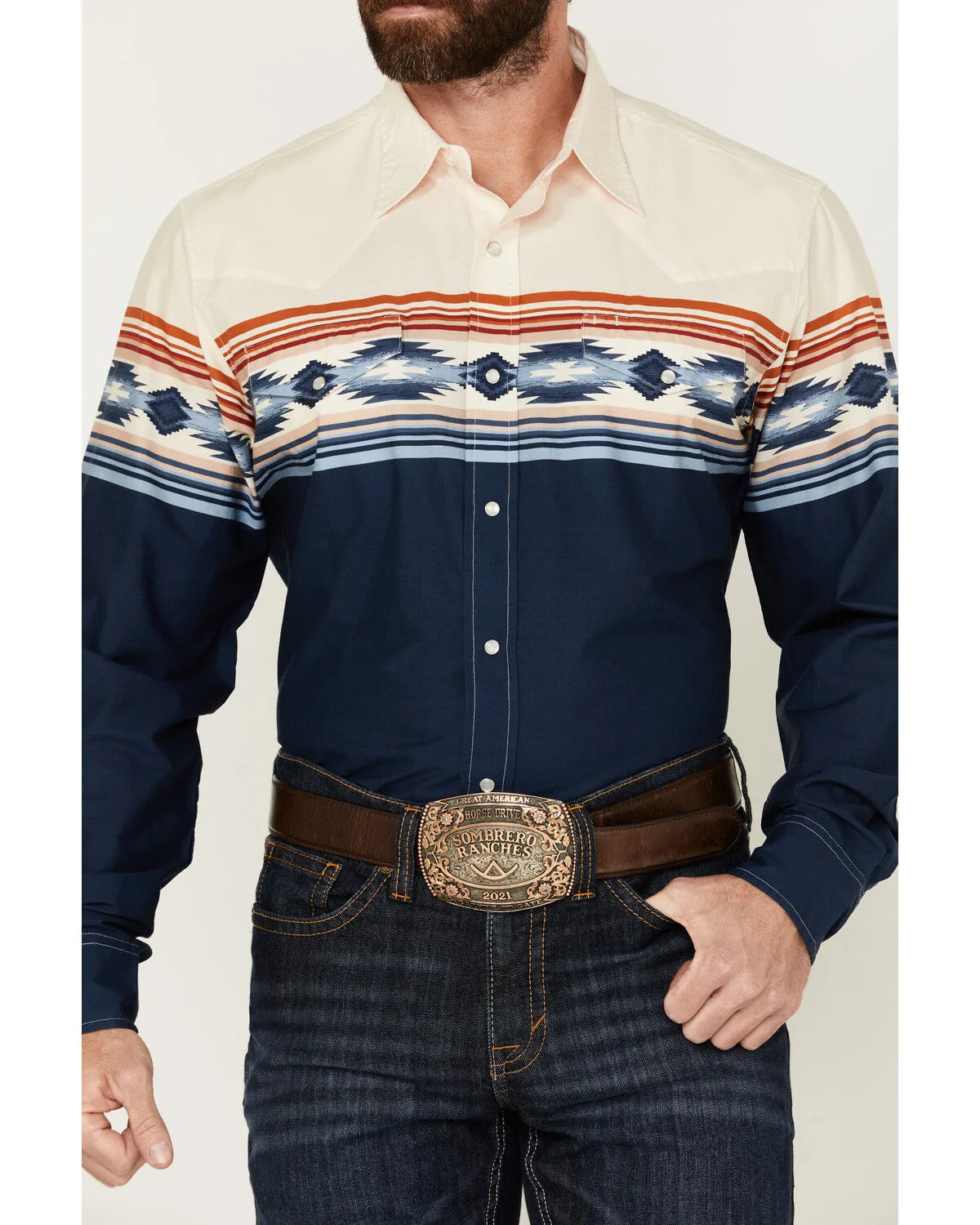 Product Name:  Roper Men's Vintage Southwestern Border Print Long Sleeve Pearl Snap Western Shirt