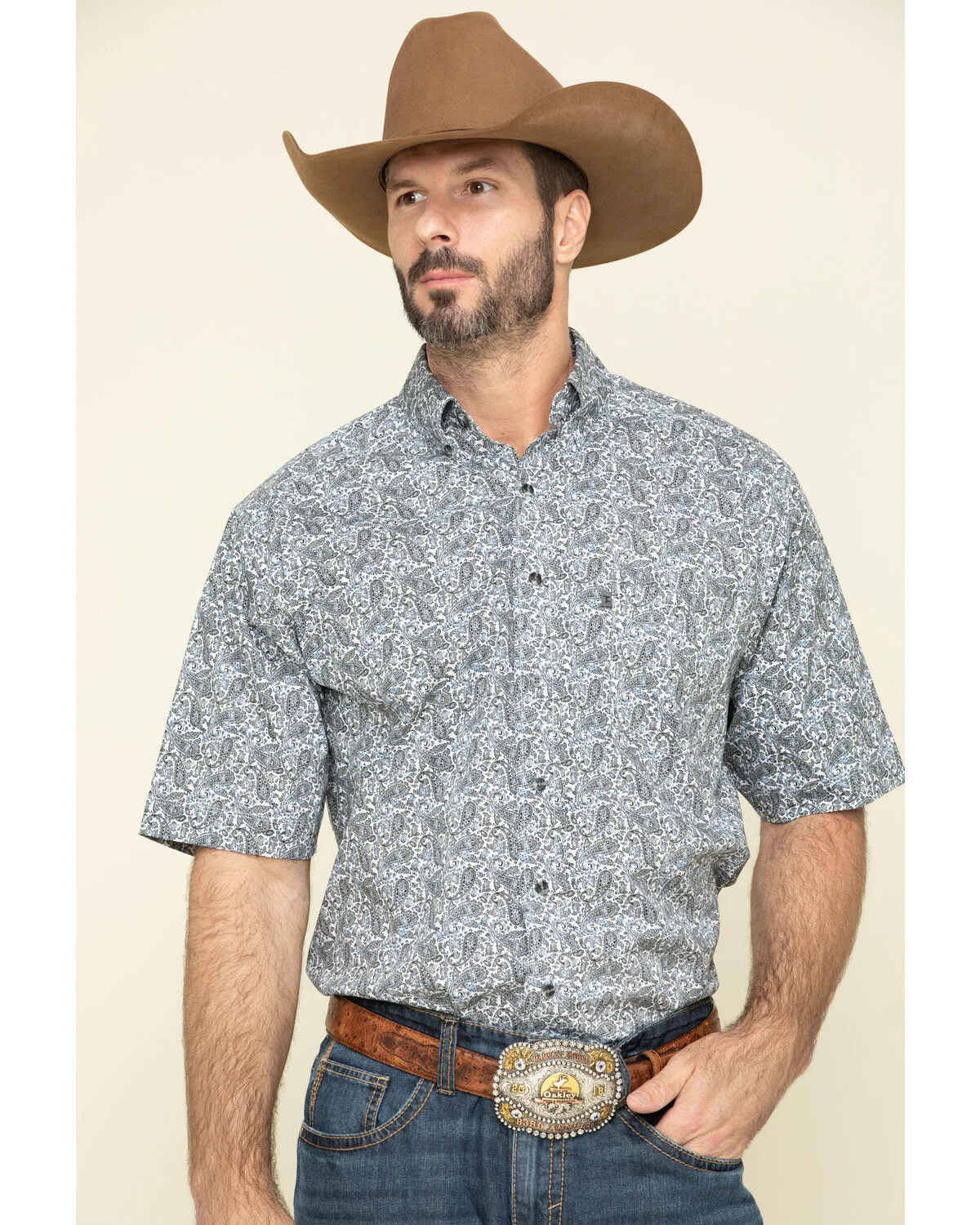 Product Name:  Tuf Cooper Men's Competition White Stretch Paisley Print Short Sleeve Western Shirt