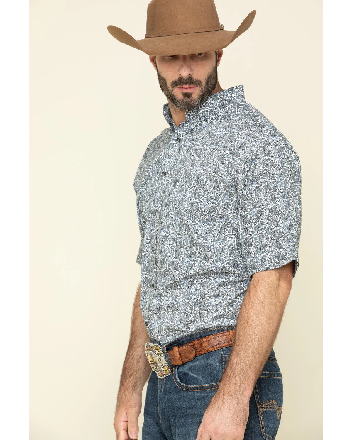 Product Name:  Tuf Cooper Men's Competition White Stretch Paisley Print Short Sleeve Western Shirt