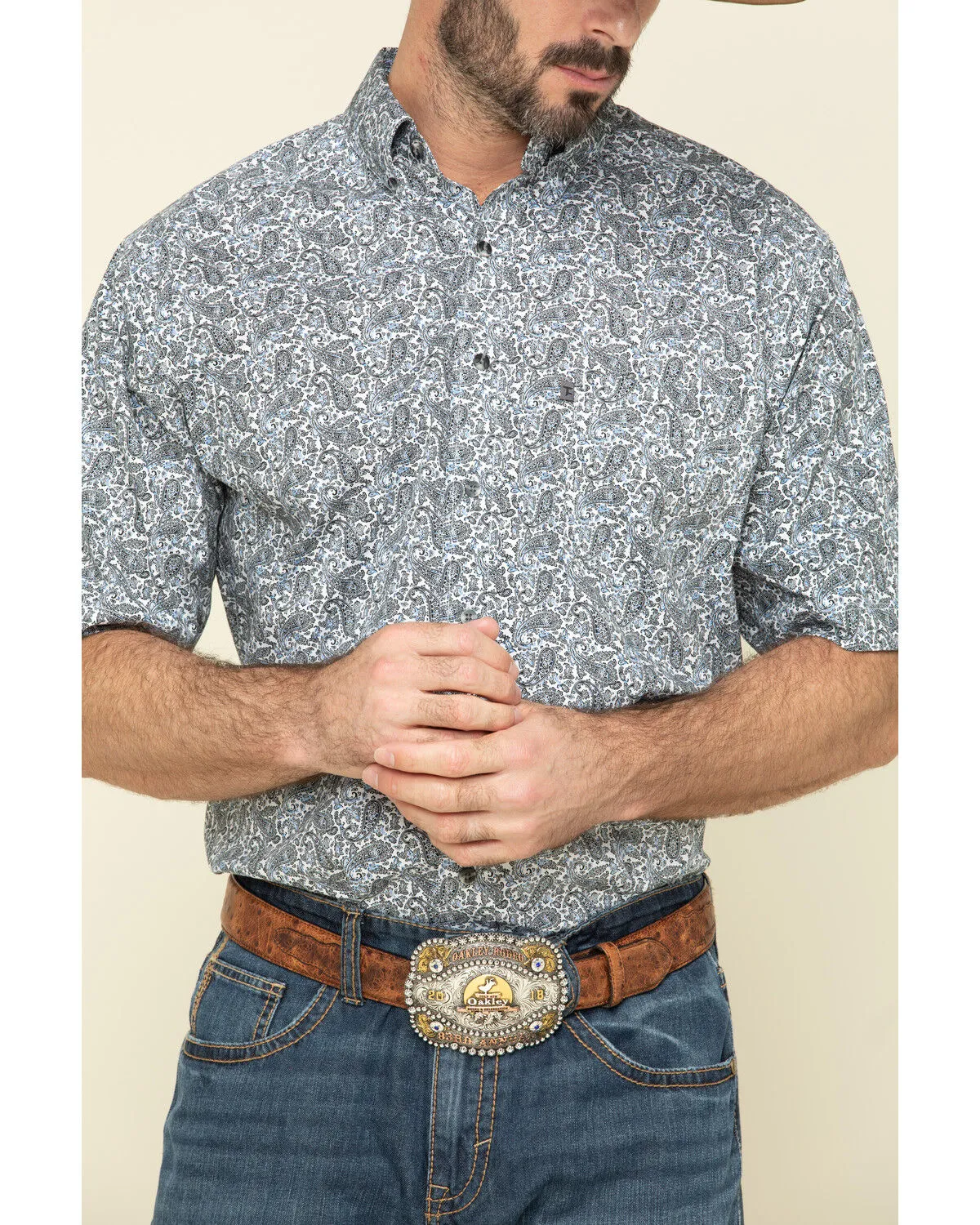 Product Name:  Tuf Cooper Men's Competition White Stretch Paisley Print Short Sleeve Western Shirt