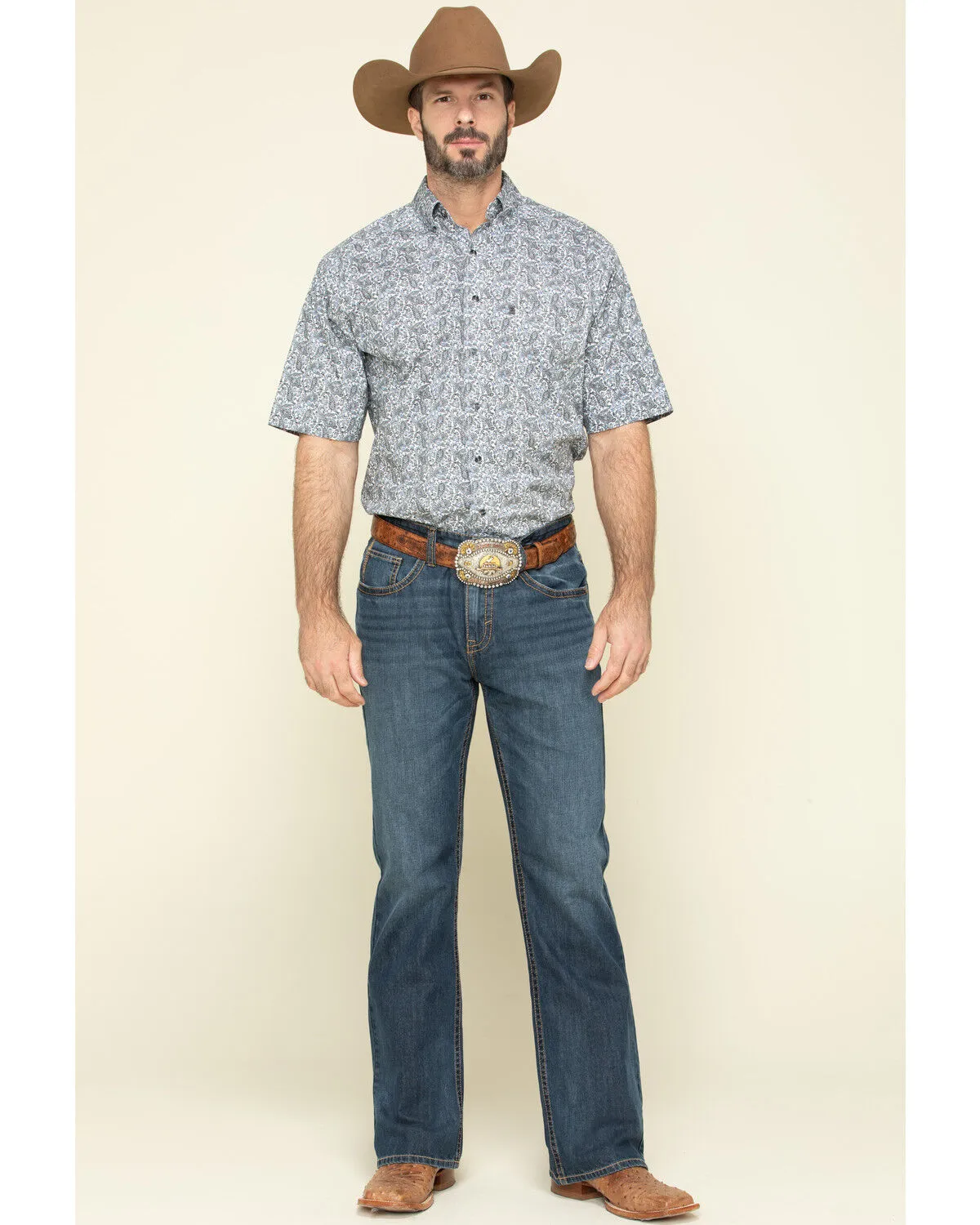 Product Name:  Tuf Cooper Men's Competition White Stretch Paisley Print Short Sleeve Western Shirt