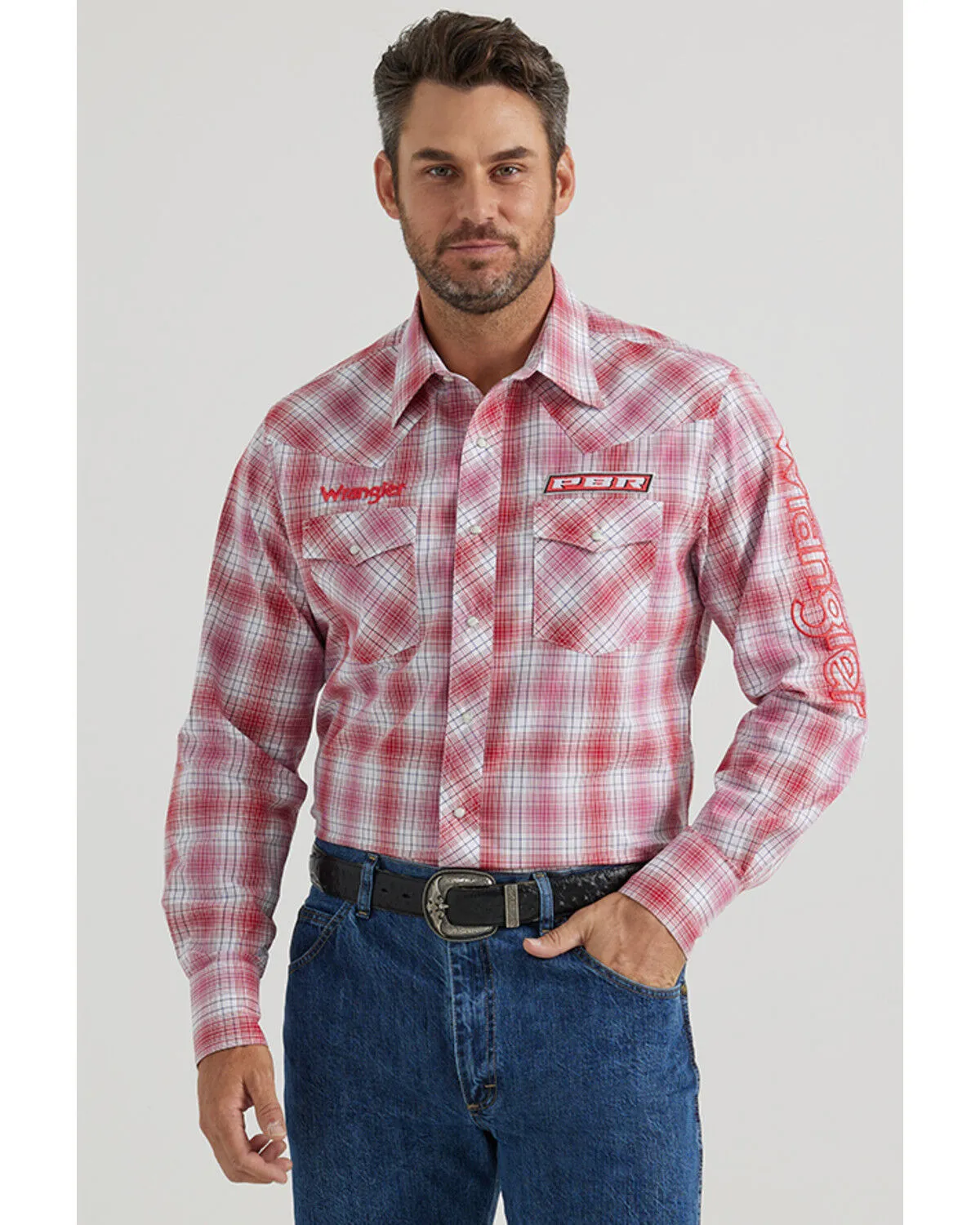 Product Name:  Wrangler Men's PBR Logo Plaid Print Long Sleeve Snap Western Shirt