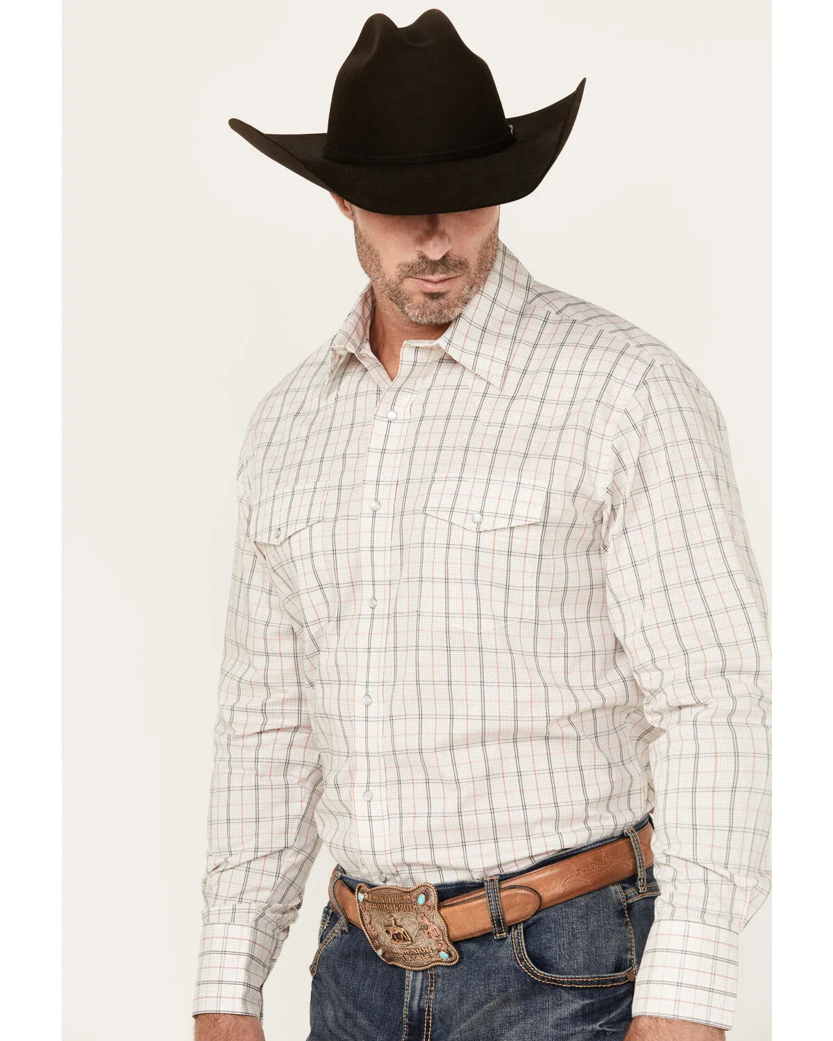 Product Name:  Wrangler Men's Wrinkle Free Plaid Print Long Sleeve Pearl Snap Stretch Western Shirt