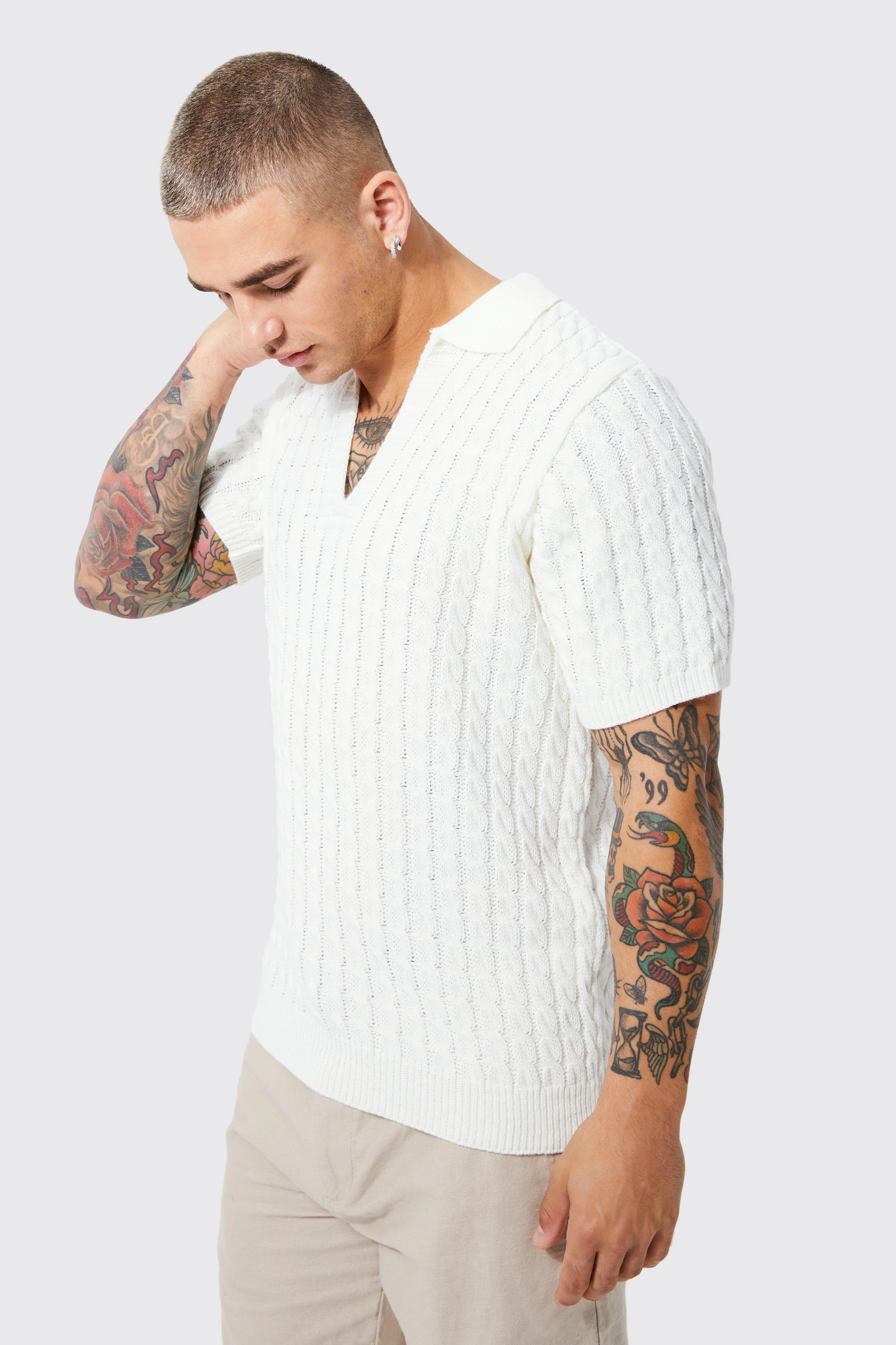 Regular Deep V Neck Waffle Knit Polo