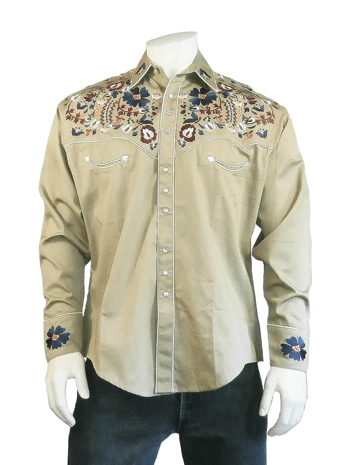 Rockmount 6709 Mens Vintage Floral Embroidery Western Shirt Khaki