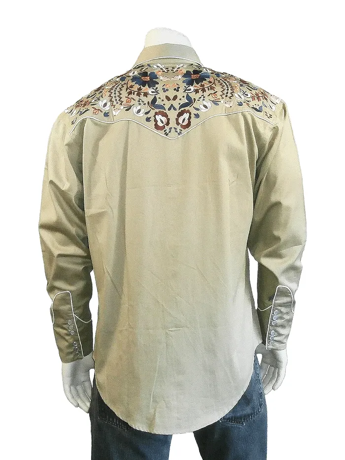 Rockmount 6709 Mens Vintage Floral Embroidery Western Shirt Khaki