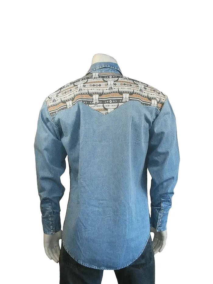 Rockmount 6721-D Mens Vintage 2-Tone Steer Skull Embroidery Western Shirt Denim