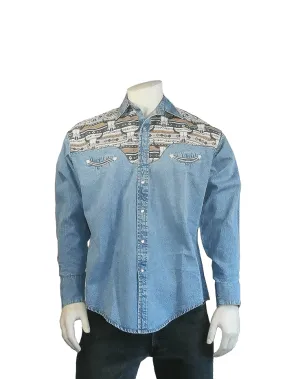 Rockmount 6721-D Mens Vintage 2-Tone Steer Skull Embroidery Western Shirt Denim