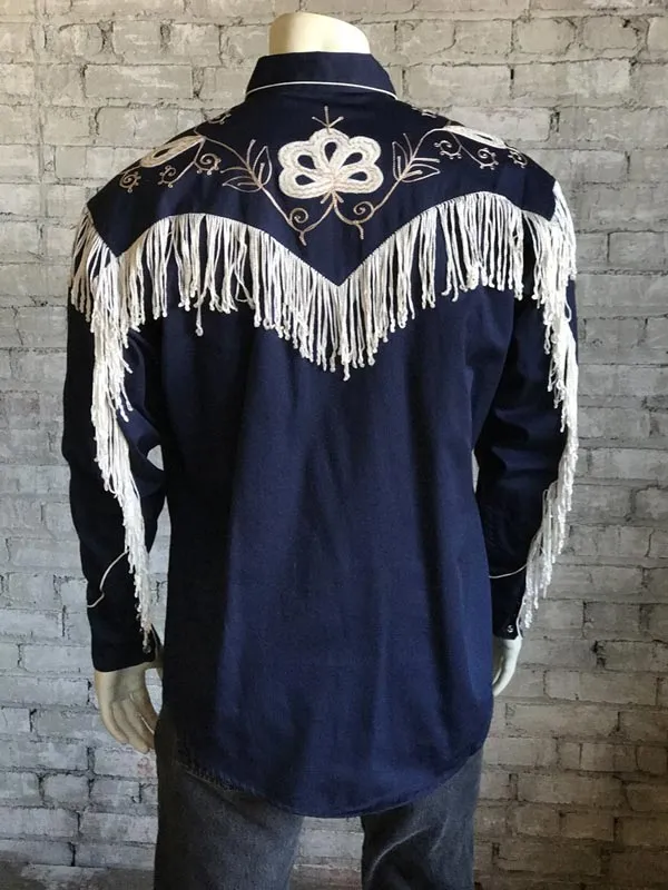 Rockmount 6723-NVY Mens Vintage Fringe Embroidered Western Shirt Navy