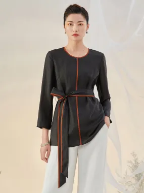 Round-collared gambiered Guangdong silk top with stripes and long-sleeves