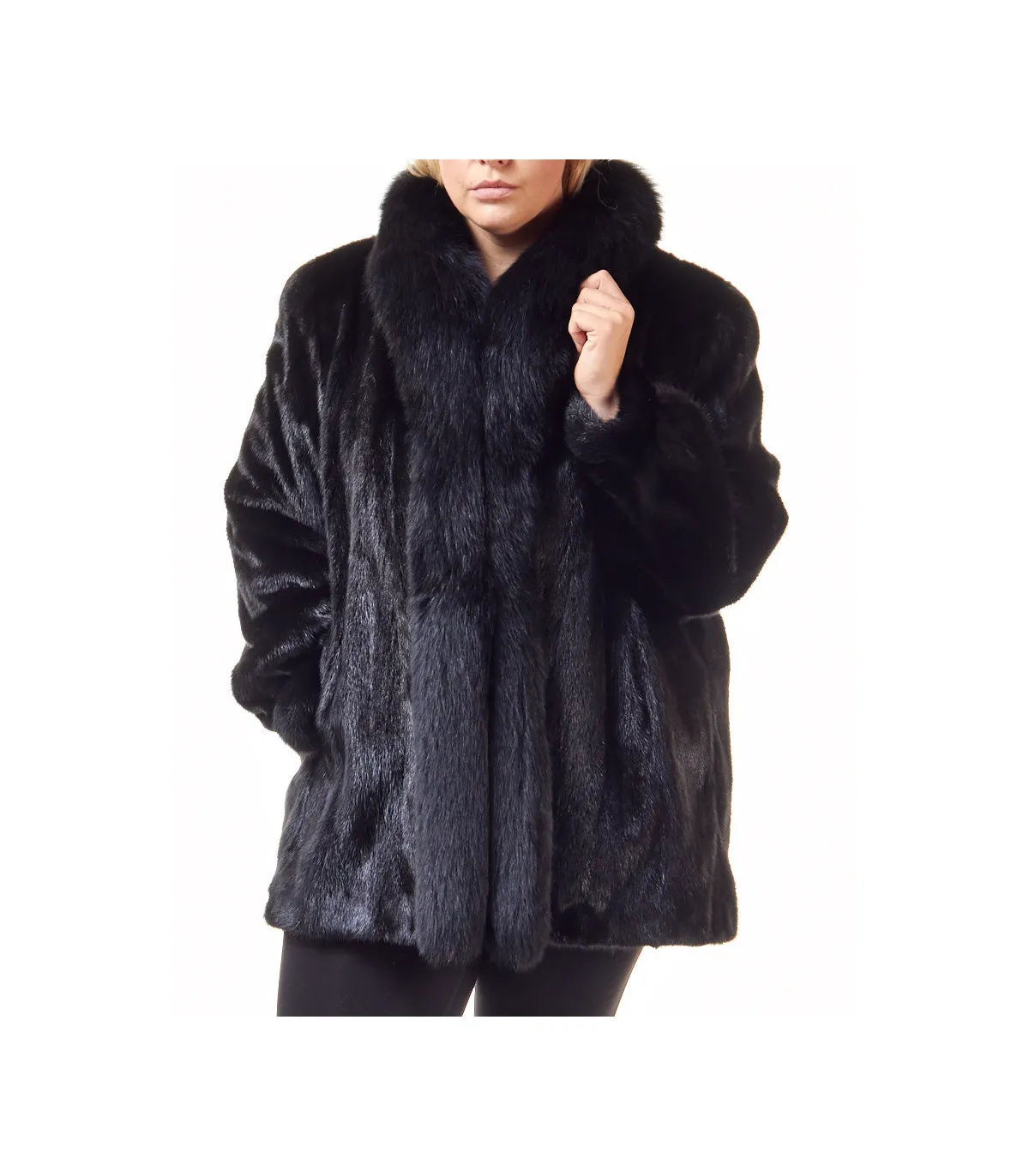 The Plus Size Caitlin Black Mink Coat with Fox Tuxedo Collar: FurHatWorld.com