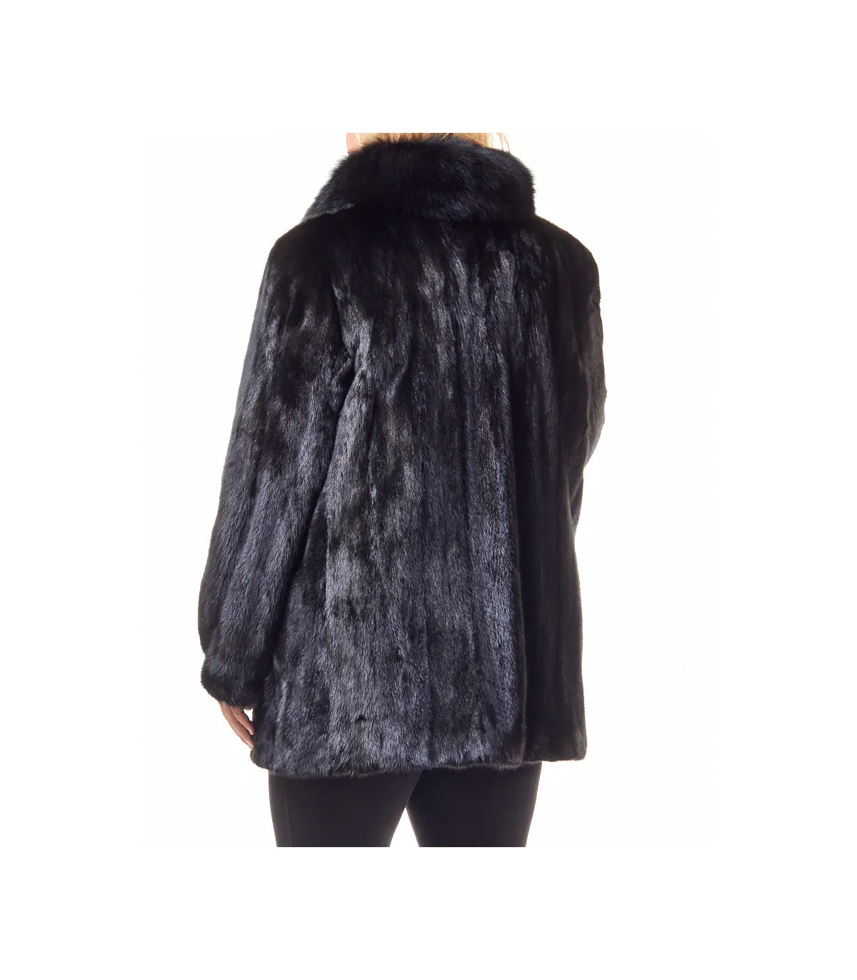 The Plus Size Caitlin Black Mink Coat with Fox Tuxedo Collar: FurHatWorld.com