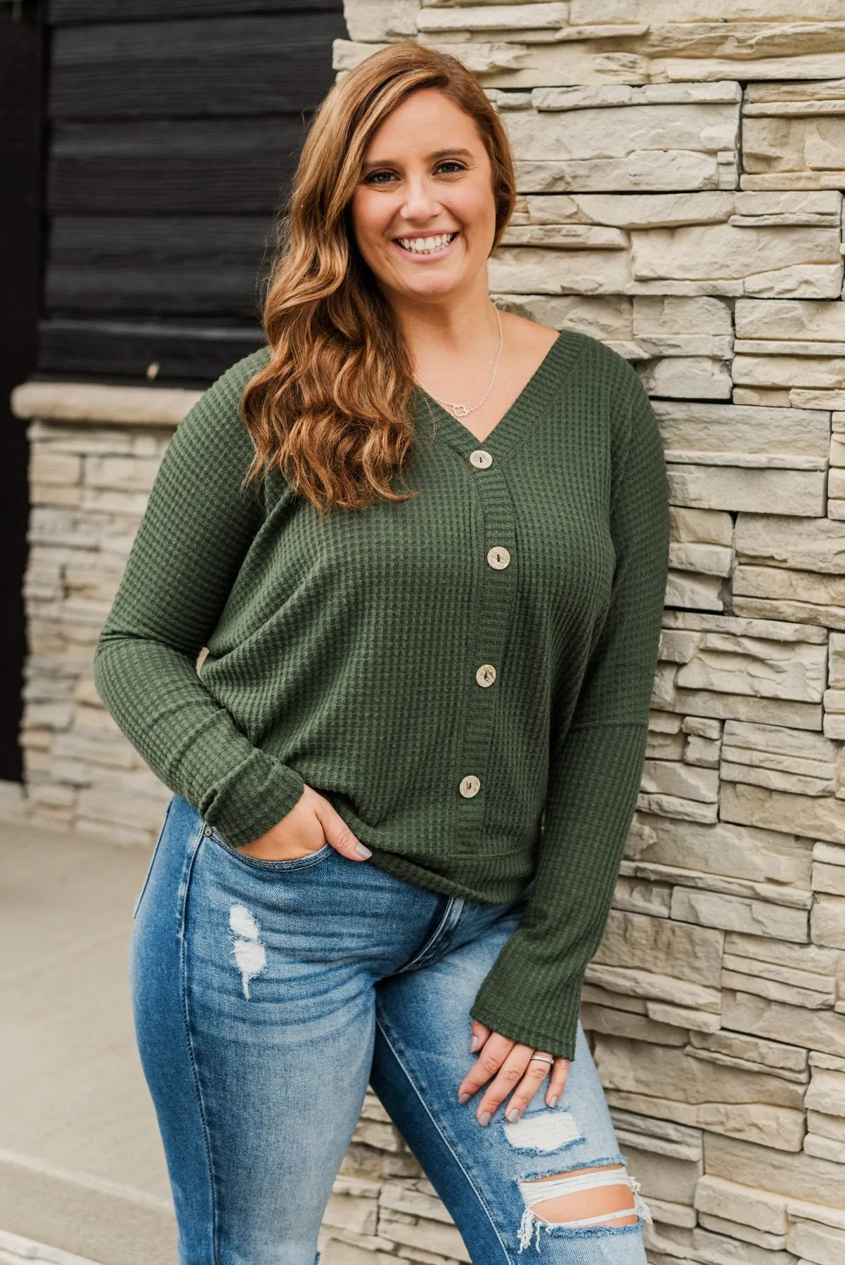 Turning A New Leaf Long Sleeve Waffle Knit Top- Army Green