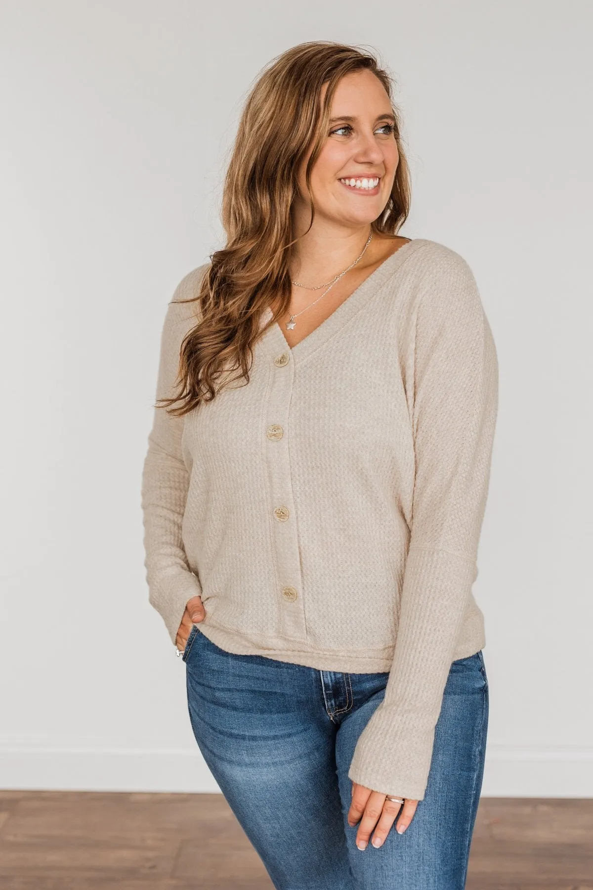 Turning A New Leaf Long Sleeve Waffle Knit Top- Oatmeal