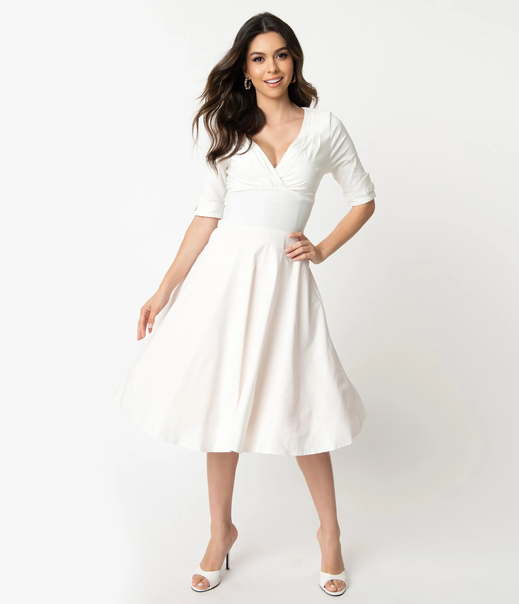 Unique Vintage Ivory Delores Swing Dress with Sleeves