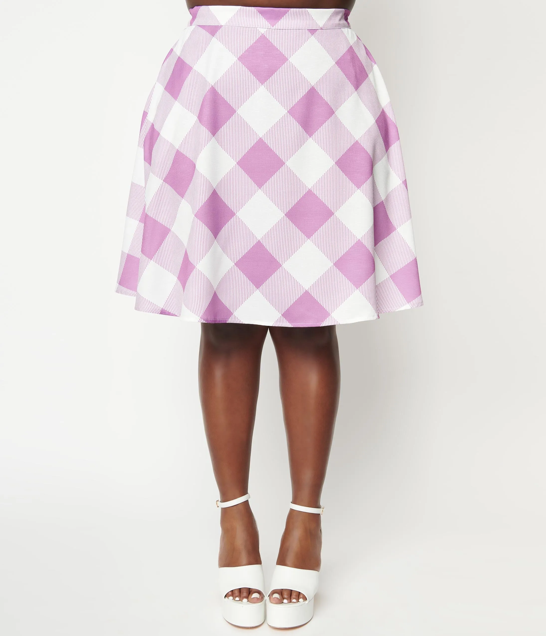 Unique Vintage Plus Size Lavender & White Gingham Flare Skirt