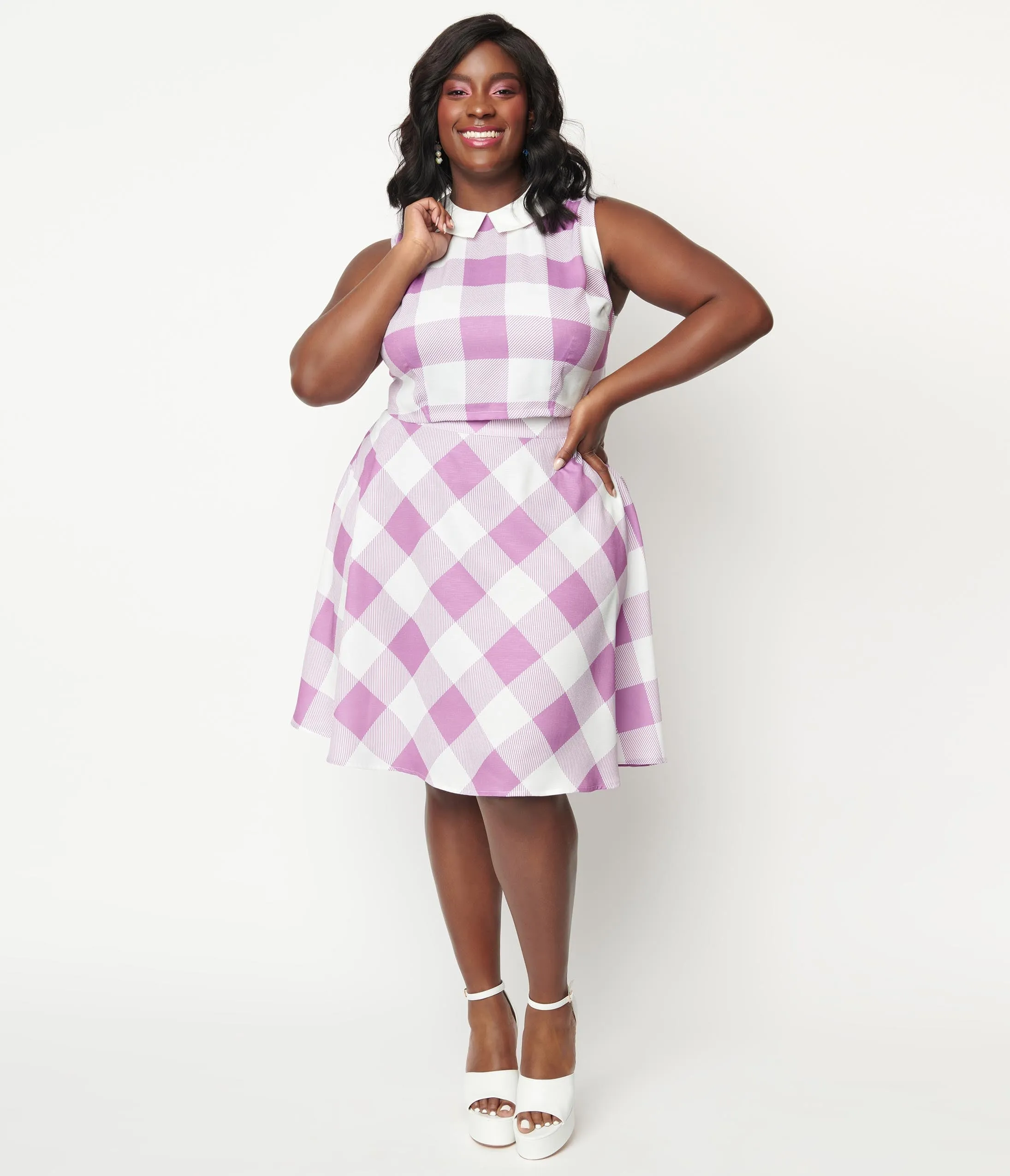 Unique Vintage Plus Size Lavender & White Gingham Flare Skirt