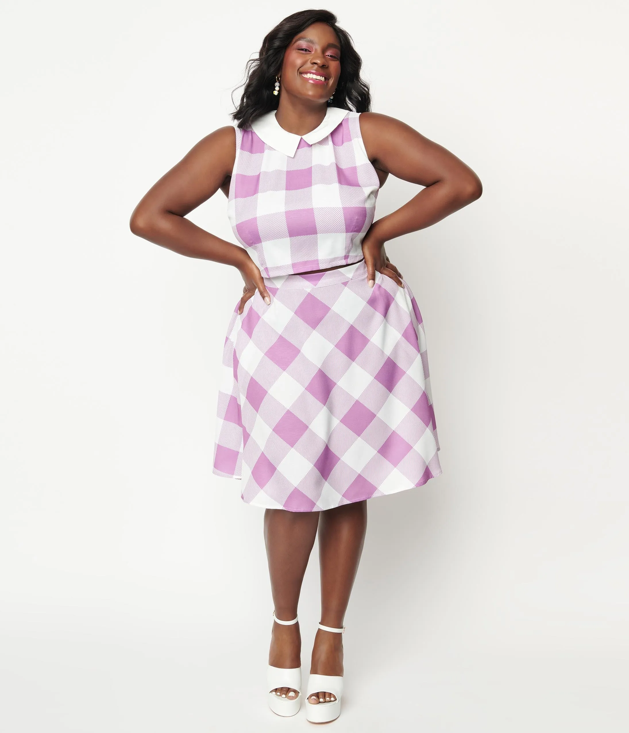 Unique Vintage Plus Size Lavender & White Gingham Flare Skirt