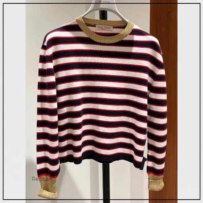 VALENTINO  |Crew Neck Stripes Casual Style Blended Fabrics Long Sleeves